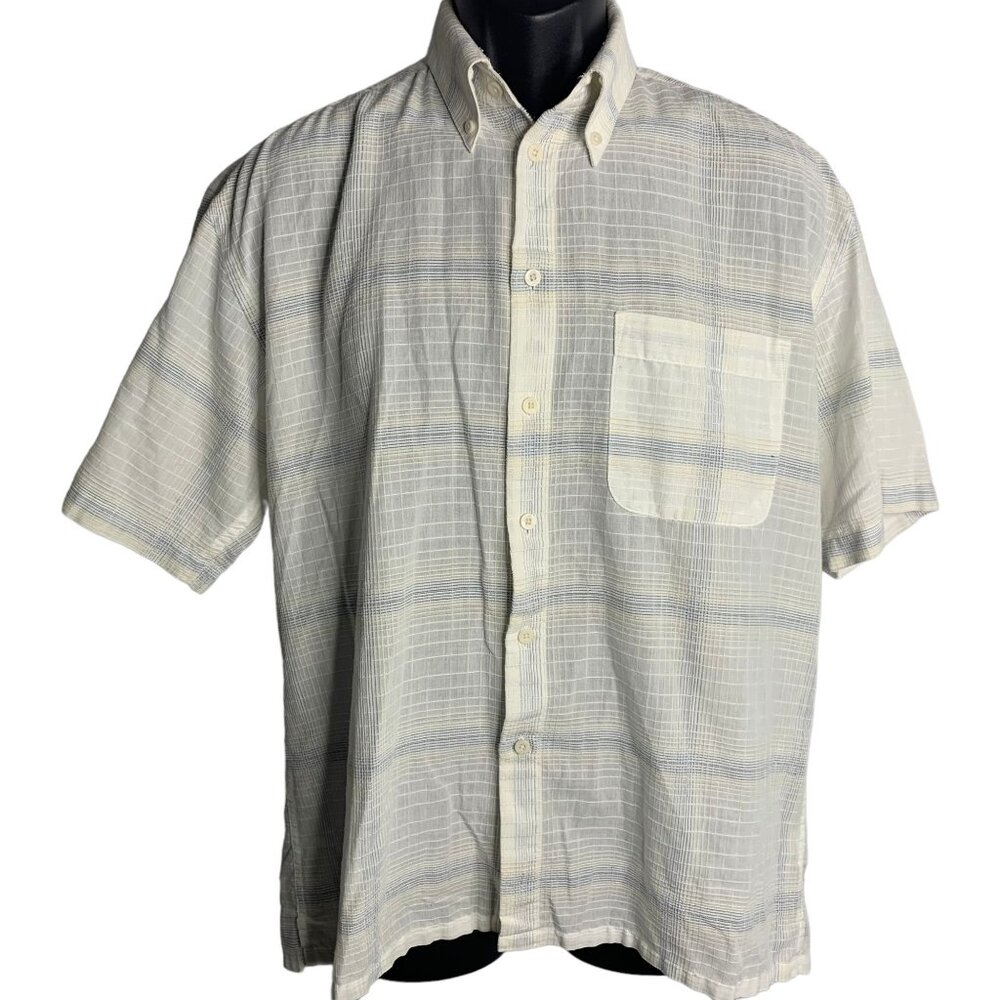 Enro Button Down Short Sleeve Shirt M White Plaid Textured Cotton Chest Pocket